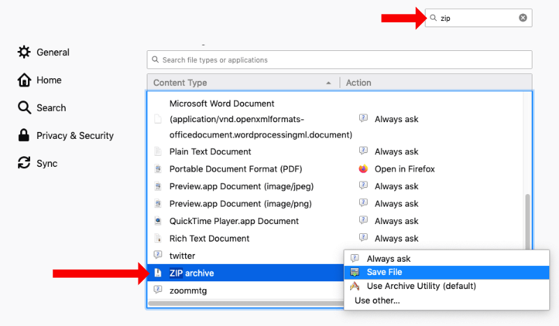 Firefox ZIP File Settings